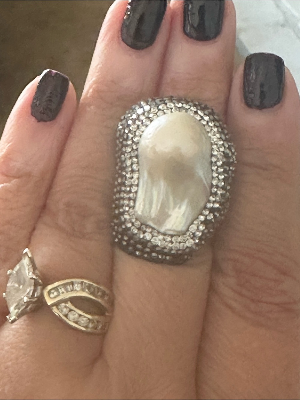 Large Baroque Pearl nestled in 5 rows crystals silver 925 stamped Ring
